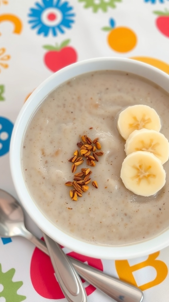 A bowl of ragi porridge for infants, garnished with banana, on a vibrant baby mat.
